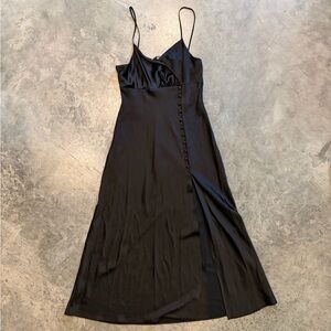 Black Slip Midi Dress with Button-Front Detail